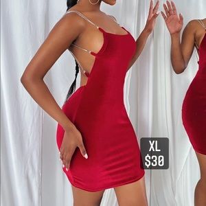 Red short backless dress with rhinestones